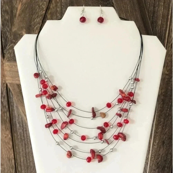 Mama Bling Jewelry - Red Carnelian & Red Crystal Floating Beads Handmade Necklace & Earrings Set NWT